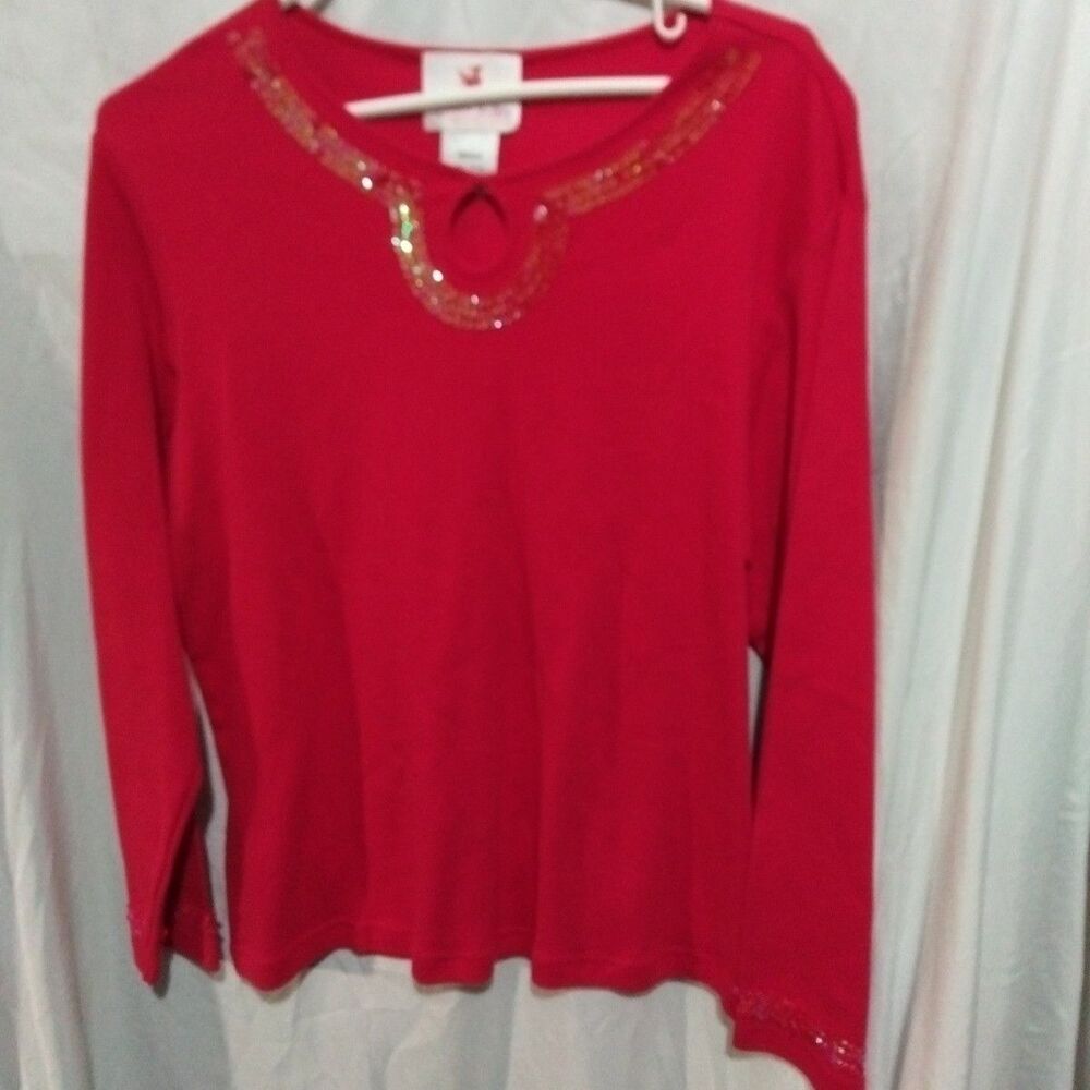 The Quacker Facotory T Shirt Womens M Red Long Sleeve Rhinestone Long Sleeve